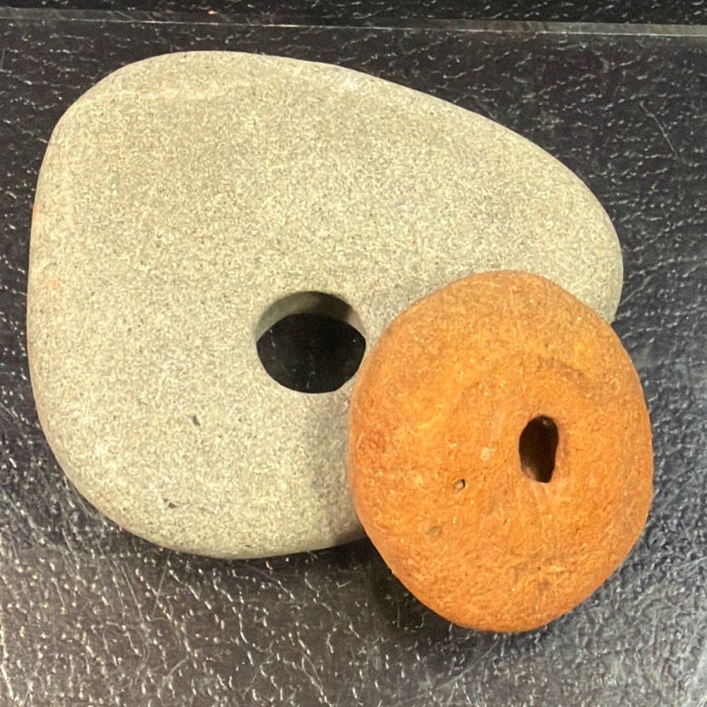 Antique Native American Stone Bannerstone Net Sinker and Clay Spindle Whorl Set